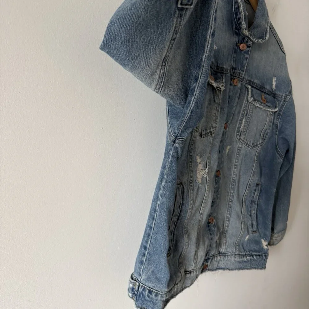 Zara Men's Denim Jacket Sz Large Distressed Grunge‎ 100% Cotton Urban RARE